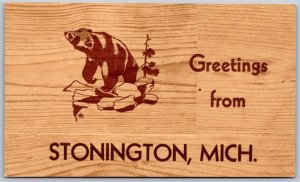 Vtg Greetings From Stonington Michigan MI Black Bear 1940s Chrome Postcard