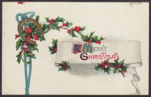 A Merry Christmas,Holly,Horseshoe Postcard