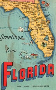 Vintage Postcard 1951 Greetings From Florida The Sunshine State Map Cities FL