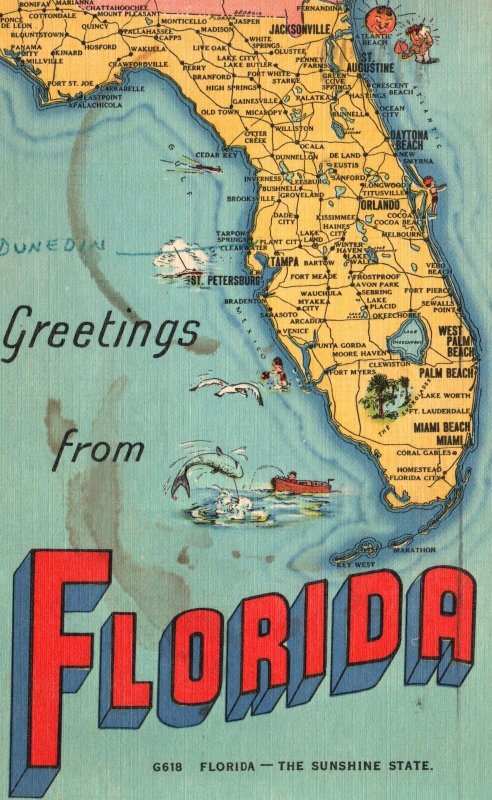 Vintage Postcard 1951 Greetings From Florida The Sunshine State Map Cities Fl United States