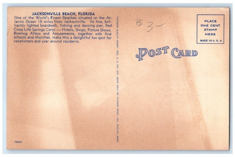 c1940 Hard Packed White Sand Beach Jacksonville Beach Florida Unposted Postcard