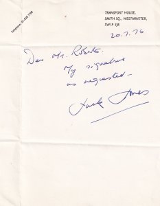 Jack Jones Transport & Workers Union Hand Signed 1976 Autograph