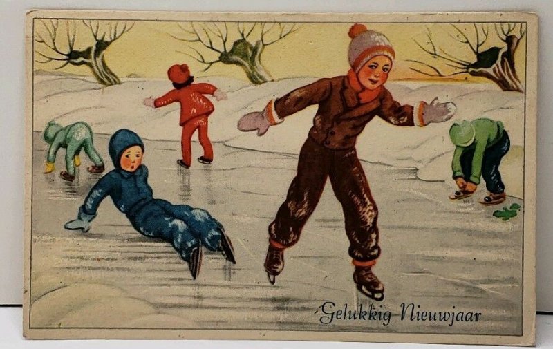 Gelukkig Nieuwjaar Children Ice Skating Happy New Year Dutch Postcard F1