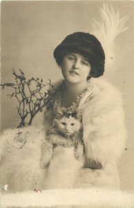 Lovely charming beauty lady with cat feather cap & fur early fashion postcard