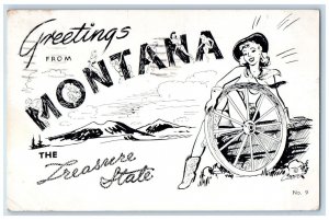 1951 Greetings From Montana, The Treasure State Cowgirl Miles City MT Postcard 