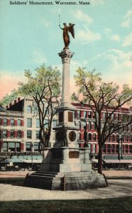 Vintage Postcard Soldiers 1913 Monument Statue Worcester Massachusetts MA