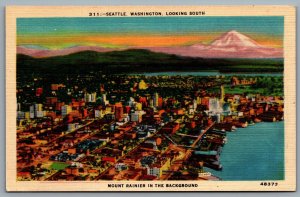 Postcard Seattle WA c1940s Looking South Mt Rainer in Background Aerial View