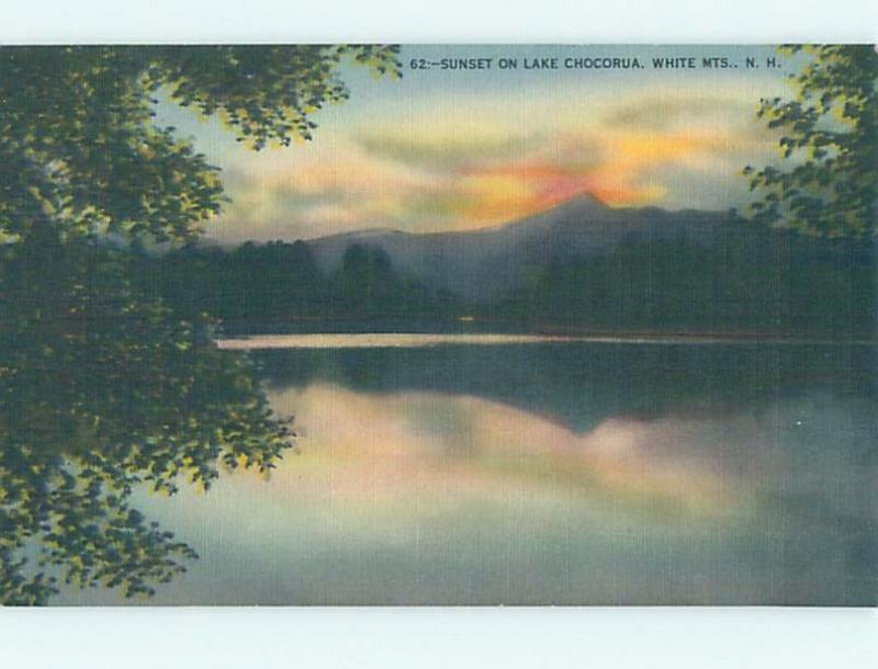 Unused Linen SUNSET ON LAKE White Mountains New Hampshire NH F3599