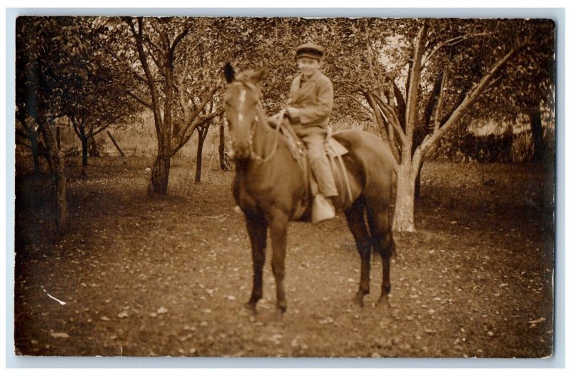 Dows Iowa IA Postcard RPPC Photo Boy Riding Horse c1910's Unposted Antique