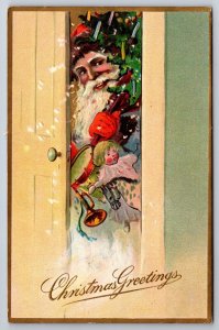 Christmas Santa Opens Door Peeks Inside~Candle Tree On Shoulder~Toys~Juvenile