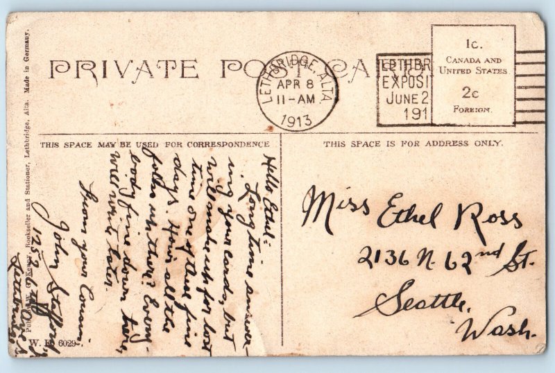 Lethbridge Alberta Canada Postcard Central School 1913 Posted Antique