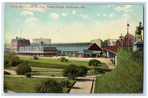 1910 Union Station St Paul Street Bridge Baltimore Maryland MD Vintage Postcard