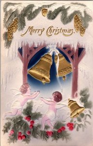 Vintage 1910's Christmas Antique Embossed Postcard with Golden Bells and Angels