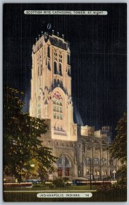 Vtg Indianapolis Indiana IN Scottish Rite Cathedral Tower Night View Postcard