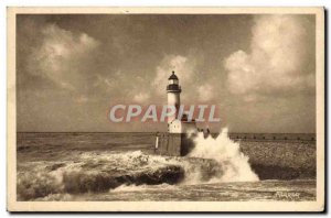 Old Postcard Treport Lighthouse by storm