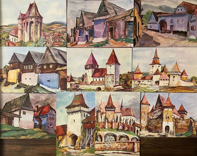 Lot 10 artist cards Romania Transylvania architecture by Juliana Fabritius-Dancu 