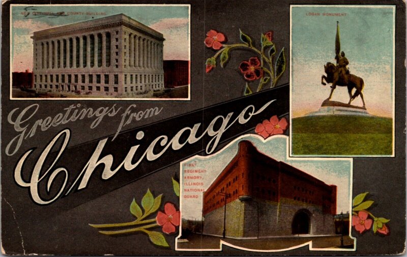 Postcard Multiple Views Greetings from Chicago, Illinois Advertising Tourism