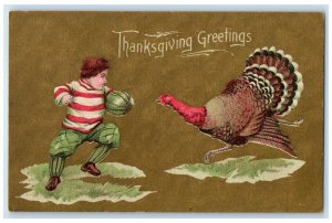 c1910's Thanksgiving Greetings Turkey Chasing Boy Posted Antique Postcard