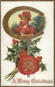 Beautiful Woman in Red c1910 Christmas Postcard rpx