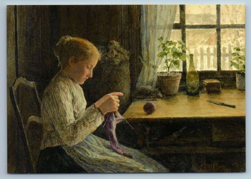 Young Girl knits on knitting needles by Albert Anker NEW Modern ART Postcard
