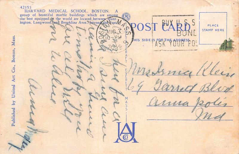 Harvard Medical School, Boston, Mass., Early Linen Postcard, used in 1939