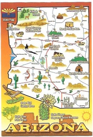 US Arizona. Map of State and sites to see.  Unused