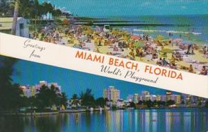 Florida Greetings From Miami Beach Showing Skyline and Beach Scene