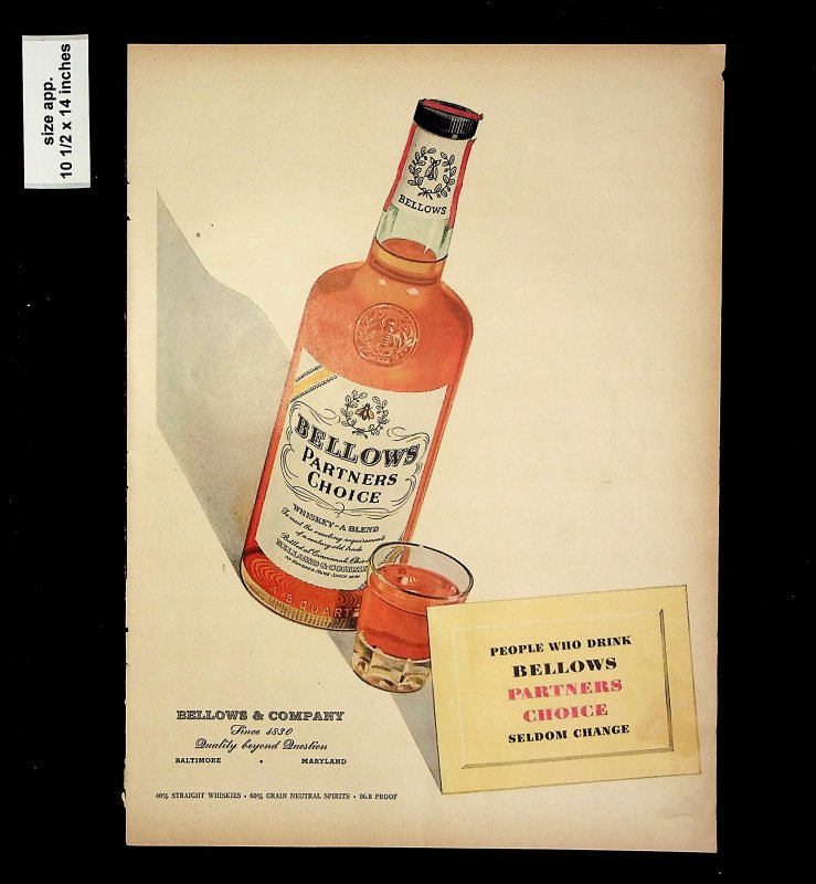 1953 Bellow's Partners Choice Whiskey Vintage Print Ad 015746