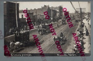 Norfolk NEBRASKA RPPC c1910 CIRCUS PARADE Main Street WAGONS Animals NE