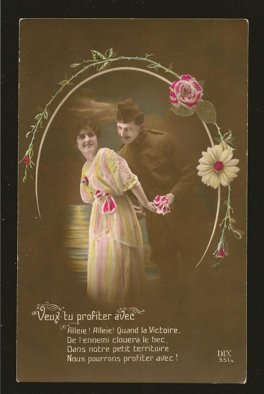 WWI era Soldier and Lady Lovers Bioletto Lyon France Color Postcard Unposted