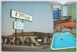 Roadside~Roswell NM~TraveLodge At Dusk~3 Views~Pool~Room~Continental Postcard