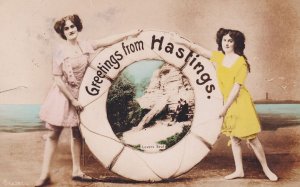 Greetings From Hastings Fishing Lifebuoy Real Photo Postcard