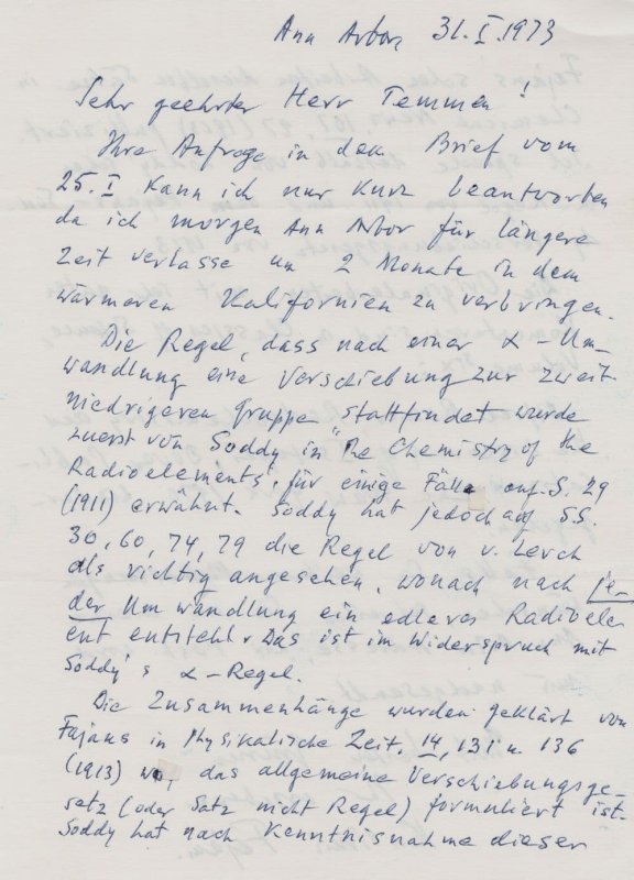 Kasimir Fajans Radiation Poland Jewish Chemist Hand Signed Letter