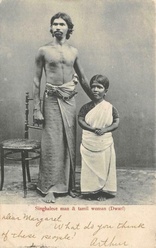 Singhalese Man Tamil Woman (Dwarf) Ceylon 1906 Hong Kong Stamp Vintage Postcard