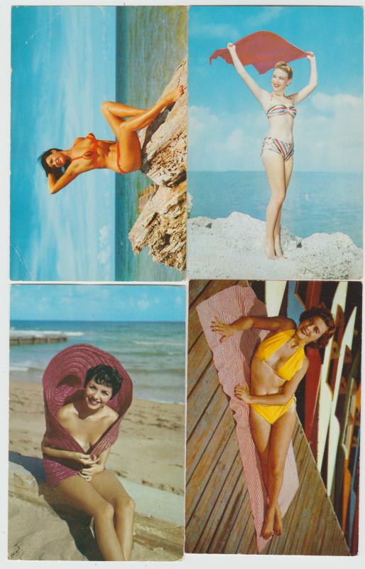 Lot of 4 pinup pretty woman women bikini blond brunette 1950s,60s Postcards