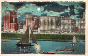 VINTAGE POSTCARD MICHIGAN AVENUE BLACKSTONE CONGRESS HOTELS NIGHT CHICAGO 1919