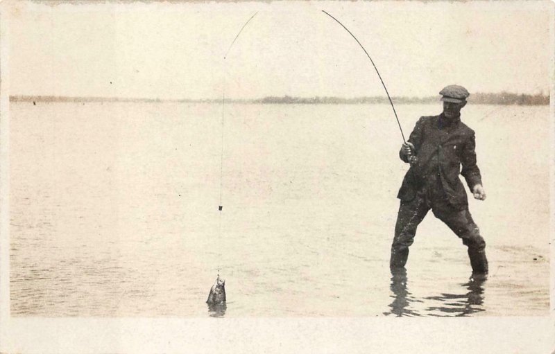 RPPC INDIAN LAKE MAN FISHING REAL PHOTO POSTCARD (c. 1910)
