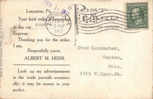 LANCASTER PA-ALBERT HERR THANK YOU FOR ORDER-SHIP BY ADAMS EXPRESS POSTCARD 1911