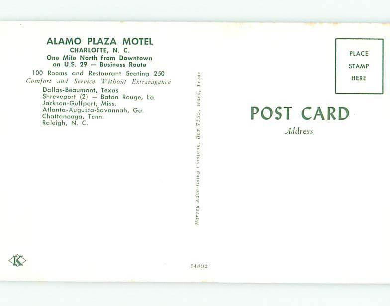 Unused Pre-1980 ALAMO PLAZA MOTEL Charlotte North Carolina NC u0961-22