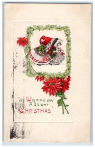 1915 Christmas Little Girls Poinsettia Flowers Holly Leaf Ionia MI Postcard