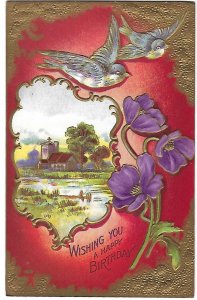 Wishing You a Happy Birthday Blue Birds Purple Flowers Gold Details