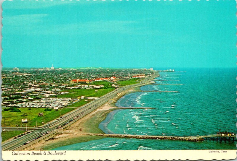 Galveston Beach + Boulevard Galveston Island TX Postcard unused 1971