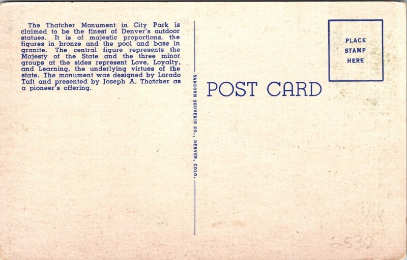 Thatcher Monument City Park Denver CO Colorado WB Postcard VTG UNP Vintage  