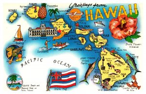 Postcard MAP Hawaii - Greetings from Hawaii - state flower flag