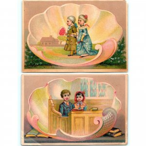 x2 LOT c1880s Cute Children Romance Meet Church Aging Seashell Trade Card C13