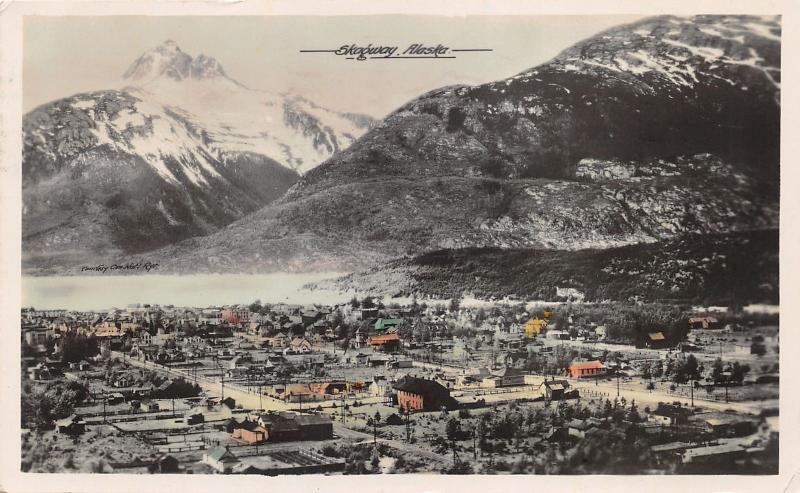 Skagway Alaska Bird's Eye View~Streets-Houses-Buildings-Mtns~1950 Colored RPPC