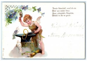 c1905 Austria Blacksmith Cupid Angel Birds Flowers Posted Antique Postcard