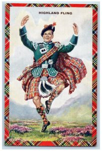 Scotland Kilt Bagpipes Postcard Highland Fling Pipers And Dancers Flowers c1910s