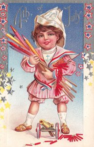 4th Of July, Child With Fireworks, Embossed, Vintage Postcard U17890