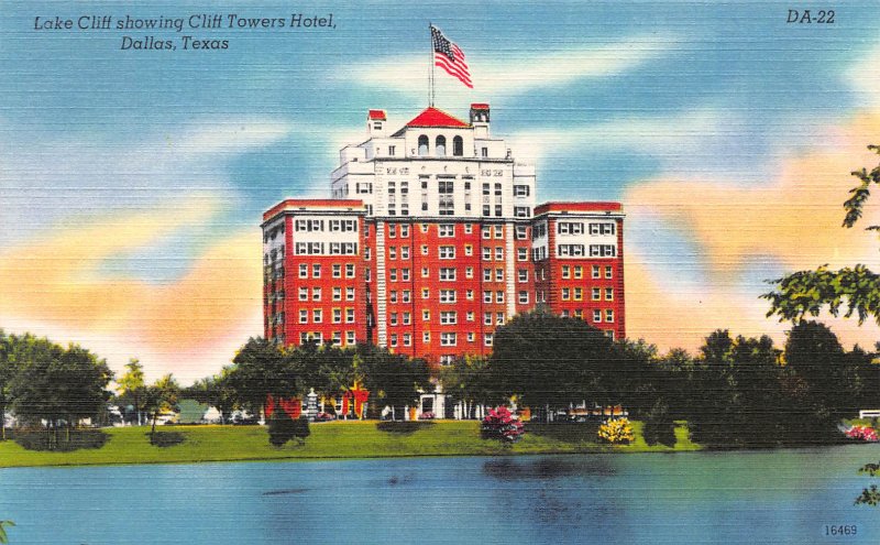 Lake Cliff Showing Cliff Towers Hotel, Dalls, TX, Early Linen Postcard, Unused